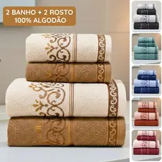 Jogo de Toalha 4 Peças 100% Algodão Bordada 2 Banho 2 Rosto Macia Boa Absorção Brisa Habitat