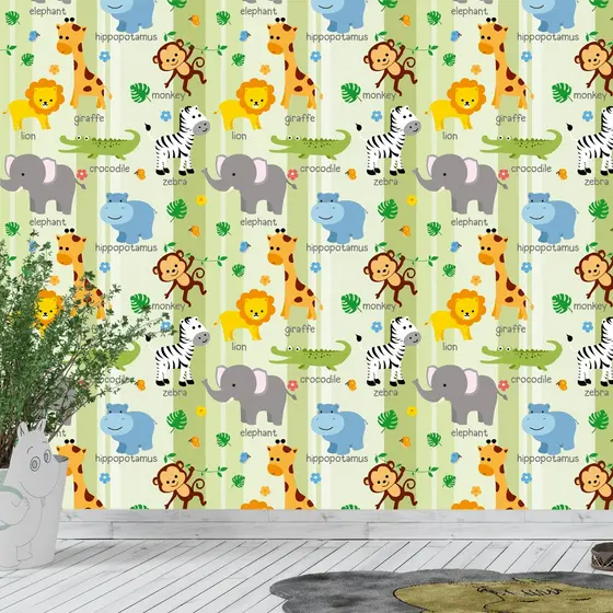 Papel Parede Safari Quarto Infantil Adesivo Verde Rolo 3 Mts