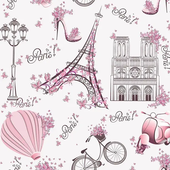 Papel de Parede Infantil Paris fundo rosa claro Lambretas e Flores Para Sala e Quarto 1,50 mts