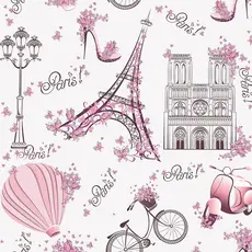 Papel de Parede Infantil Paris fundo rosa claro Lambretas e Flores Para Sala e Quarto 1,50 mts