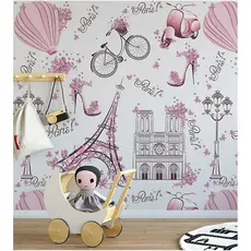 Papel de Parede Infantil Paris fundo rosa claro Lambretas e Flores Para Sala e Quarto 2,50 Mts