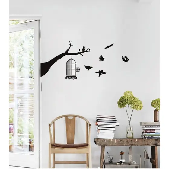 Adesivo Decorativo Parede Galhos Pássaros Gaiola Passarinhos