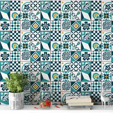 Papel de Parede Azulejo Lavável Português em Tons de Verde 