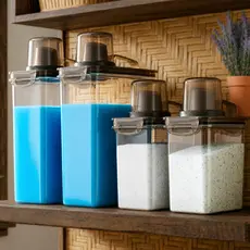 Kit 4 Potes Dispenser Lavanderia Porta Sabão Amaciante Condimentos Cozinha 3L e 1,9L c/ Bico Dosador