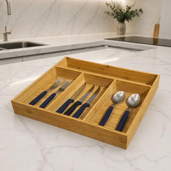 Organizadores Porta Talher Multiuso com 4 Divisórias para Gaveta Armário Cozinha Bambu Premium