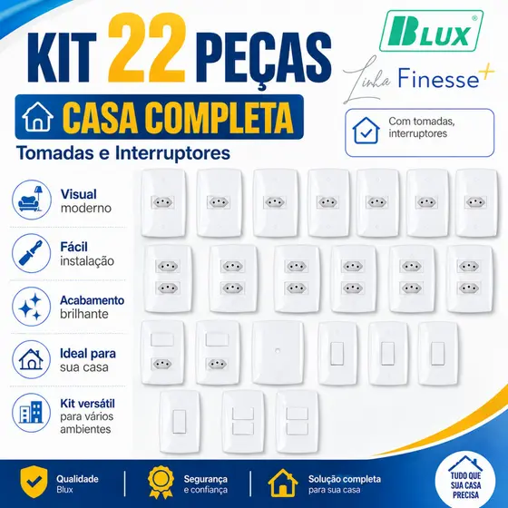 Kit 22 Peças Tomadas e Interruptores 4x2 Embutir Interruptores Simples Tomada 10a 20a Furo Saída Fio Finesse+