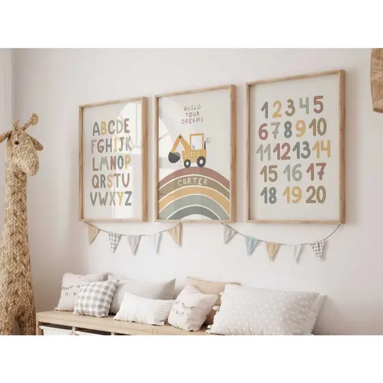 Kit 3 Quadros Números Alfabeto Educativo Infantil com Moldura Menino Quarto Bebê