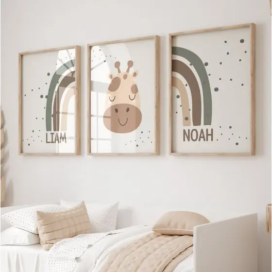 Kit com 3 Quadros Decorativos Infantil com Moldura Girafa Arco Íris Irmãos Quarto Bebê Decoração