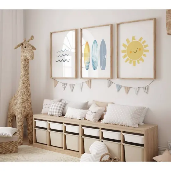 Kit 3 Quadros Decorativos Surf Prancha Surfista Praia Infantil com Moldura Quarto Menino