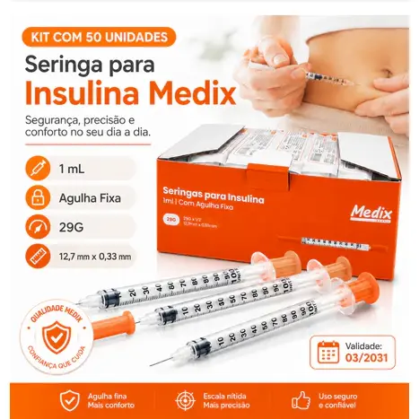 Kit 100 Unidades Seringas de Insulina 1ml 12,7mm X 33mm 29G Medix Agulha Fixa Estéril