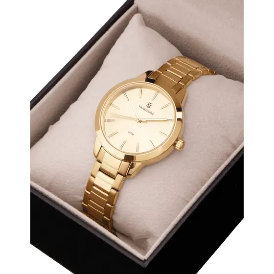 Relógio Feminino Dourado Slim 36mm Pulseira Aço Inox Vanglore Essence