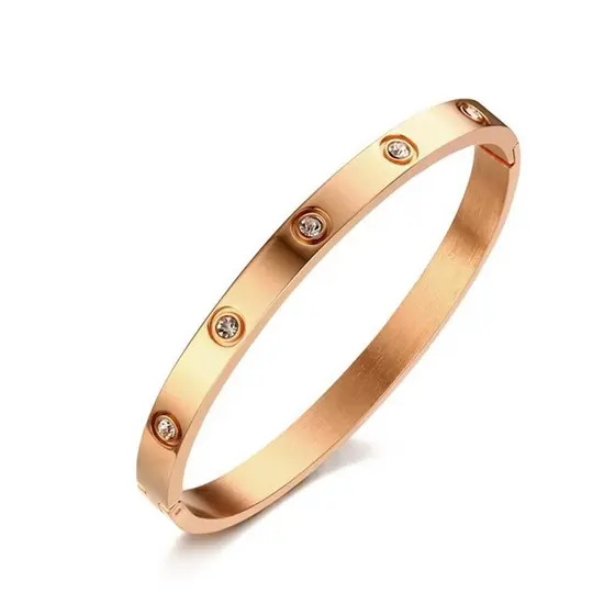 Pulseira Bracelete Dourado Rose Gold Aço Inoxidável Banhado Ouro Com Pedras Vanglore 1250