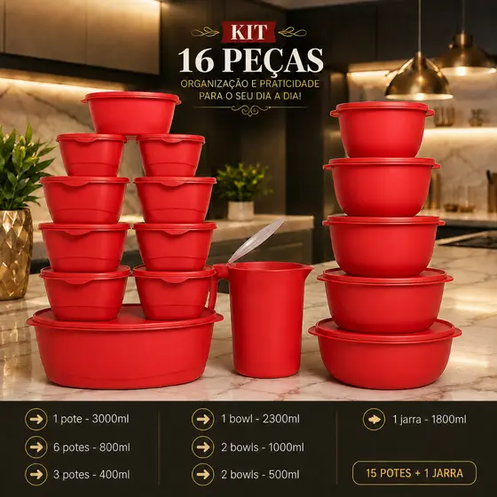 Jogo De Cozinha Kit Organizador c/15 Potes Plasticos + 1 Jarra Herméticos Resistente Armazenar Alimentos