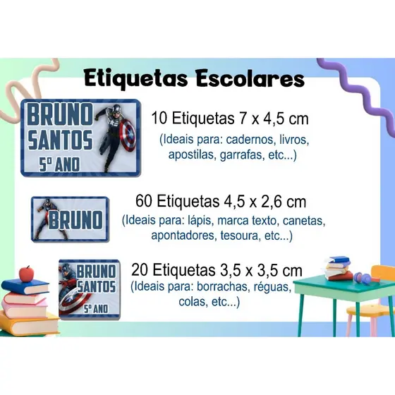ETIQUETA ESCOLAR  ADESIVA - CAPITÃO AMÉRICA - CADERNO, LÁPIS, CANETA, APONTADOR, LIVROS, RÉGUA, COLA