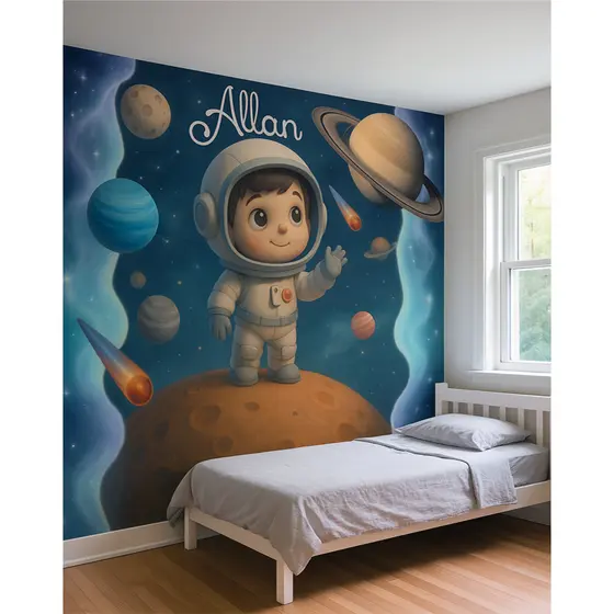 Papel de Parede Tema Astronauta Baby sob medida parede toda para quarto