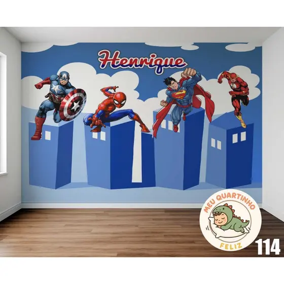 Papel de Parede Tema Super Herois para quarto de menino + Nome  M² parede total
