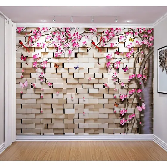 Papel de Parede 3D Tijolos e Árvore de Flores Adesivo Autocolante Quarto e Sala