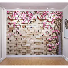 Papel de Parede 3D Tijolos e Árvore de Flores Adesivo Autocolante Quarto e Sala