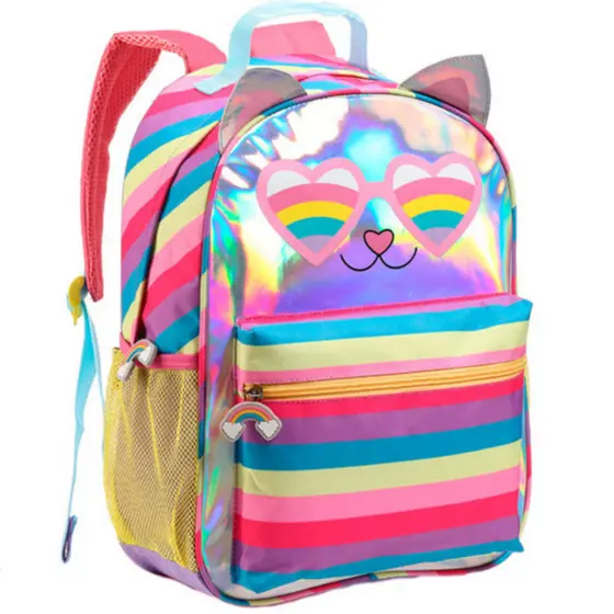 Mochila Infantil 16 Gatinha Com Bolso Arco Íris 41cm Tamanho G