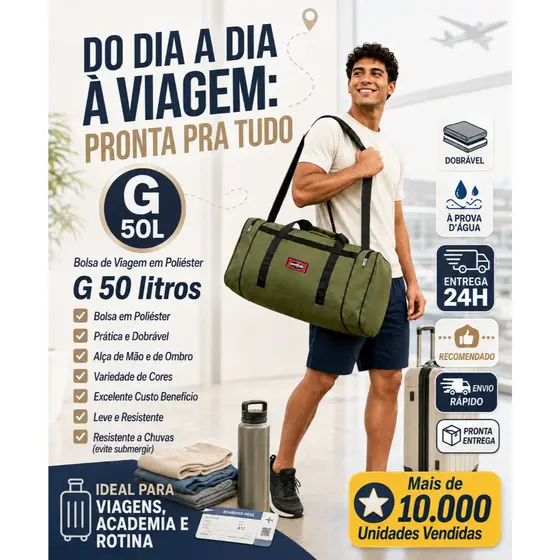 50L - Bolsa de Viagem Academia GabySport 50L Resistente Impermeável Fitness Treino Bordo