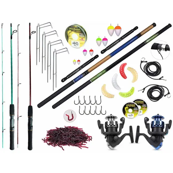 Kit Para Pesca Com 2 Varas Para Molinete 1,20m + 2 Varas Telescópicas 40% Carbono (3,00m e 3,60m) + 2 Molinetes + Acessórios (Ref. 179)