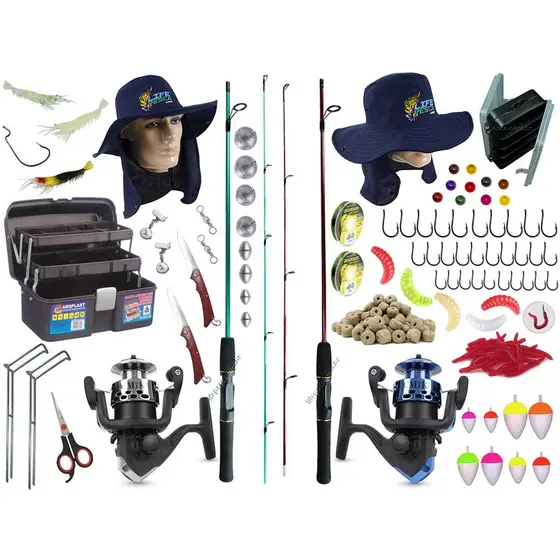 Kit de Pesca Completo C/ 2 Varas Para Molinete 1,20m + 2 Molinetes + Caixa + Acessórios (Ref. 117)