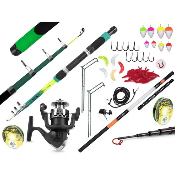 Kit de Pesca Com Vara Telescópica Para Molinete 1,70m + Vara Telescópica 40% Carbono 4,00m + Molinete + Acessórios (Ref. 186)