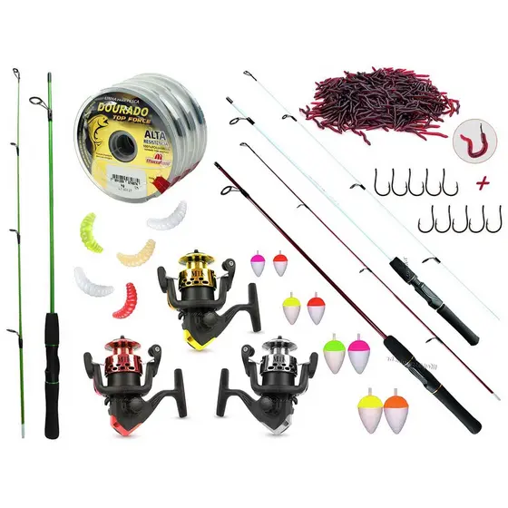 Kit Pesca 3 Varas Para Molinete 1,20m + 3 Molinetes + Iscas (Ref. 94)