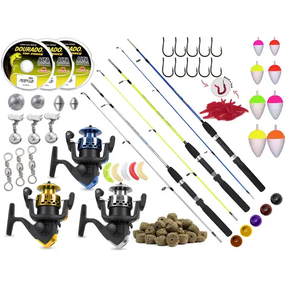 Kit Para Pesca c/ 3 Varas Para Molinete 1,50m + 3 Molinetes + Tralhas (Ref. 100)