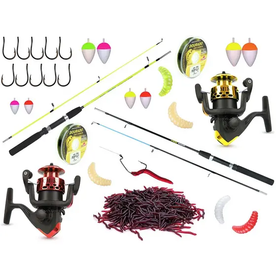 Kit Pesca Com 2 Varas Para Molinete 1,50m + 2 Molinetes + Iscas (Ref. 71)