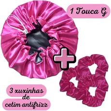 Touca Dupla Face Grande Antifrizz de Cetim com Ajuste+ 3 xuxinhas de cetim