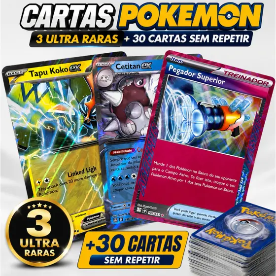 Cartas Pokemon 3 Ultra Raras + 30 cartas sem repetir - Original em português