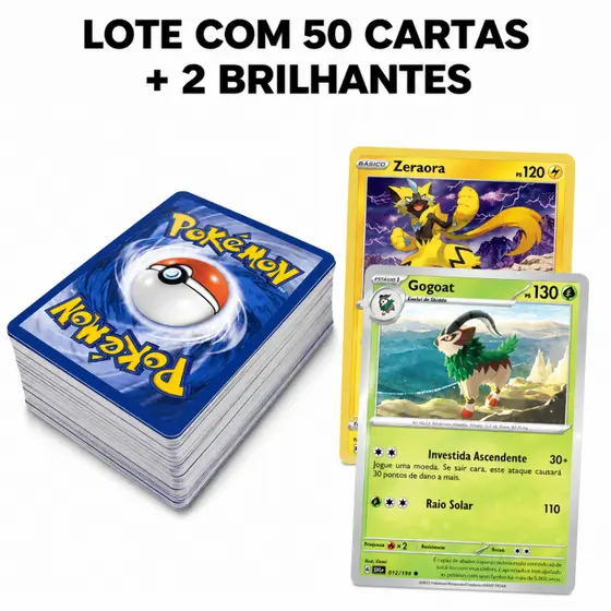 Cartas Pokemon com 50 cartas originais + 2 Pokemon Foil Brilhante