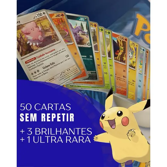 Coleção 50 Cartas Pokémon Kit de cards Pokémon Original com 3 brilhantes e 1 Carta ULTRA RARA