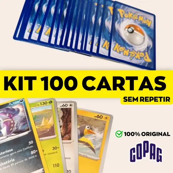 Cartas Pokemon Kit Com 100 Cartas Originais Copag + 3 Cartas Brilhantes em Português