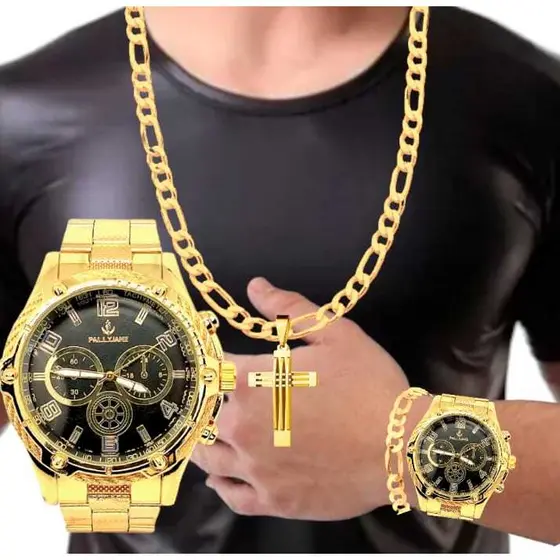 Kit c/ Relógio masculino em aço dourado + corrente de 6mm + pingente e pulseira relogio masculino varias cores relógio