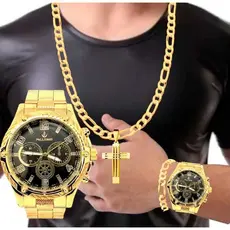 Kit c/ Relógio masculino em aço dourado + corrente de 6mm + pingente e pulseira relogio masculino varias cores relógio