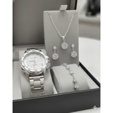 Kit Relógio de Pulso Feminino Quartzo Pulseira aço inox + Conjunto Colar e Par de Brincos Folheado