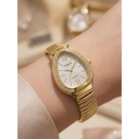 Relógio Feminino Oval Formato Cobra Pulseira Flexível Dourado Relógio Gota Com Pedras Luxo