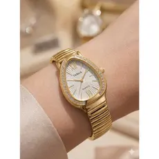 Relógio Feminino Oval Formato Cobra Pulseira Flexível Dourado Relógio Gota Com Pedras Luxo