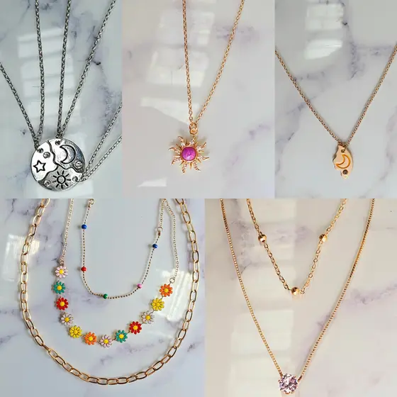 Kit 3 colares folhagem,  3 colares amigos para sempre, Colar pingente rapunzel, Mix 2 colares rose, kit Colar e brinco