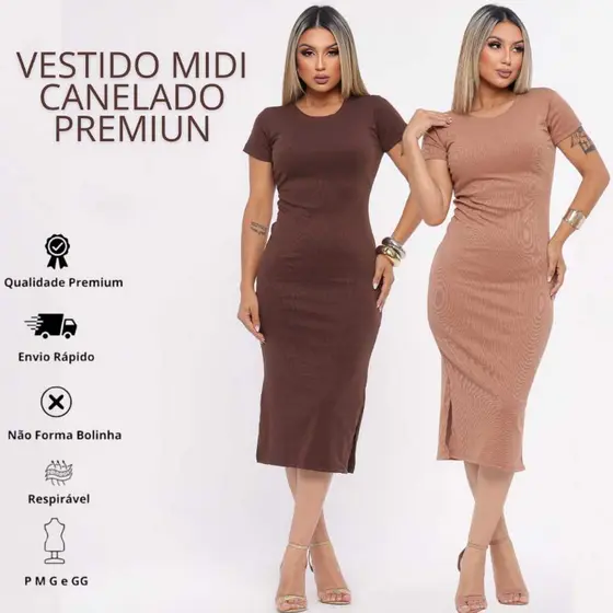 Vestido Feminino Mídi Canelado Manga Curta com Fenda Lateral Básico Casual e Elegante