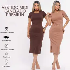 Vestido Feminino Mídi Canelado Manga Curta com Fenda Lateral Básico Casual e Elegante