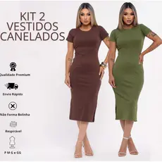 kit 2 Vestidos Femininos Mídi Canelado Manga Curta com Fenda Lateral Básico Casual e Elegante