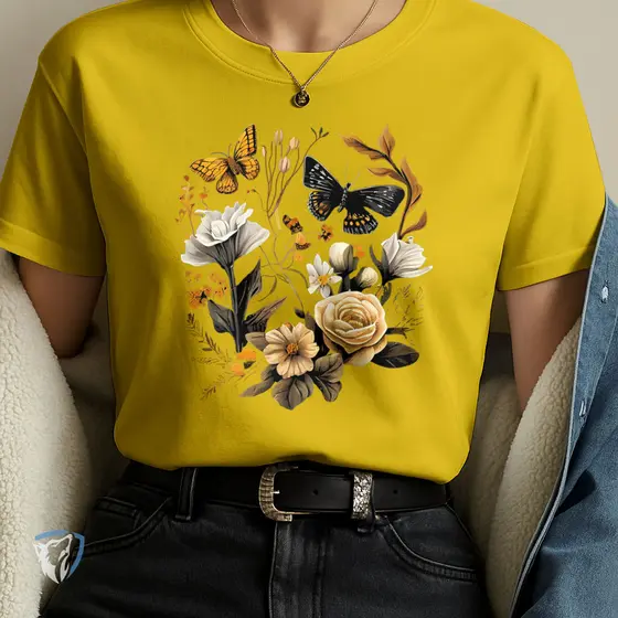 Camiseta 100% Algodão Estampada Flores E Borboletas Casual Moderna