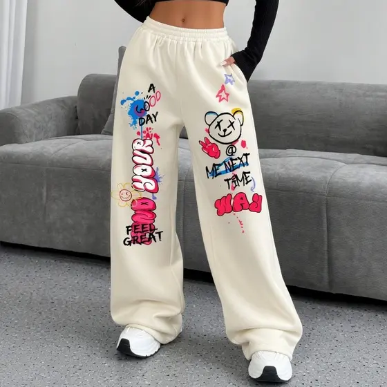 Calça Moletom Baggy Modelo Wide Leg Larga Urso Grafite Me Next Time Estampa Streetwear