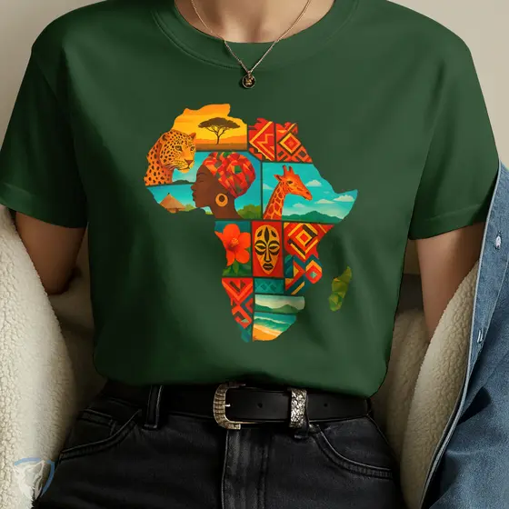 Camiseta Arte Africana Estampada – Mapa da África com Cultura e Natureza