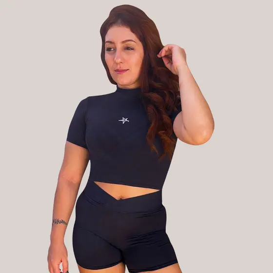 Conjunto academia fitness preto premium reforçado poliamida cropped compressão shorts cintura alta