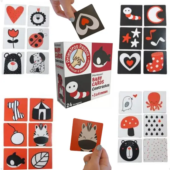 Cartões Sensoriais De Estímulos De Alto Contraste Cartões Montessori Interativo Baby Cards 3 a 6 Mêses 24 imagens 12 Cartas 7x7 Estímulo Da Visão Onde a Criança Começa a enxergar o Tom Vermelho Cooper Fun 00039