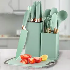 Kit Completo Jogo Utensílios de Cozinha Luxo 19 Peças Com Tábua em Silicone Espátula Faca Tesoura Grande